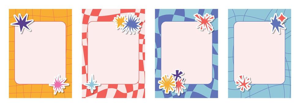 Set of retro checkered and striped note sheets and framed cards decorated with irregular star and sparkle collage stickers. Bold angular shapes create a fun handmade look for creative craft designs. vector