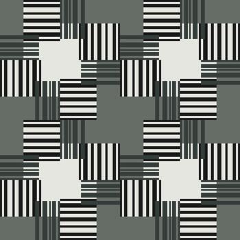 Abstract geometry seamless pattern. Rectangles and lines in shades of grey and green. Optical rotation effect. Complicated texture background. Grid of intertwined straight lines vector