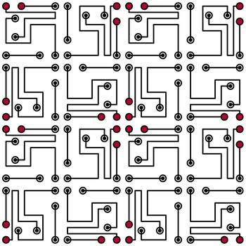 Monochrome technology geometric seamless pattern. Black red circle and lines on white background. Mosaic square tile. Complicated texture background. Clear strict ornament vector