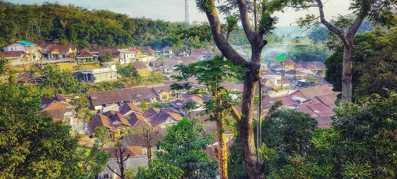 The photo captures the calm atmosphere of countryside life in Indonesia from an elevated viewpoint. The combination of natural greenery and village architecture creates a peaceful and scenic landscape