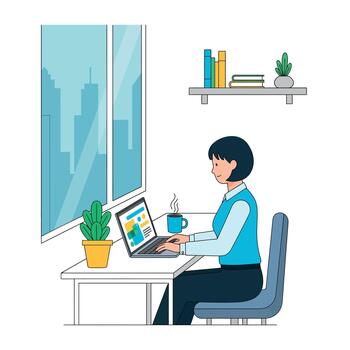 Person analyzing data on laptop with steaming coffee mug in modern office with urban view. vector