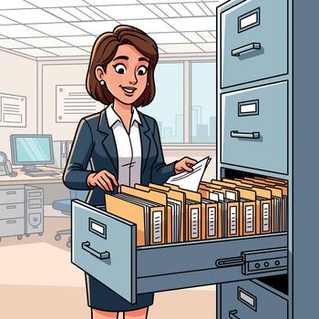 Woman reviewing documents in modern office cabinet with desk, computer, and organized workspace. vector