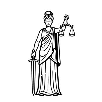 alegórico representación de con los ojos vendados justicia participación escamas y un espada, simbolizando ley, justicia, y imparcialidad dentro el legal sistema, prestados en un monocromo línea Arte estilo vector