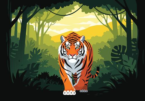 Majestic tiger walking forward from a dark jungle into the light. illustration of a powerful wild predator in a tropical forest vector