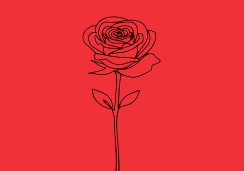 Single continuous line art of a rose against a vibrant red backdrop, a vector