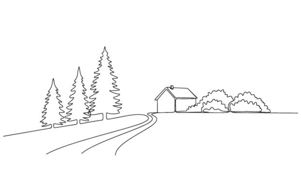 Simple continuous single line art drawing depicting a serene countryside landscape with a charming house, winding road, and tall evergreen trees vector
