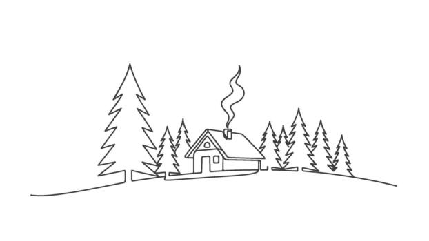 Continuous line art of a single house in a winter landscape with fir trees - EPS vector
