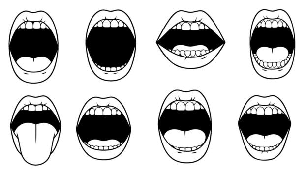 Various mouth expressions of excitement and emotion in line art against a white backdrop vector