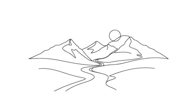 Continuous One Line Art Drawing of a Serene Mountain Landscape with Winding River and Sun, a Minimalist Graphic Design Element vector