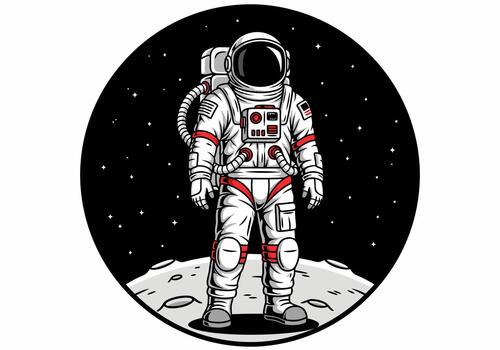 Detailed art of an astronaut explorer in a full spacesuit standing on the moon's surface against a black starry sky. 6 vector