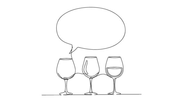 Minimalist continuous one line art capturing three elegant wine glasses, including one with liquid, featuring a thought-provoking speech bubble for communication concepts vector