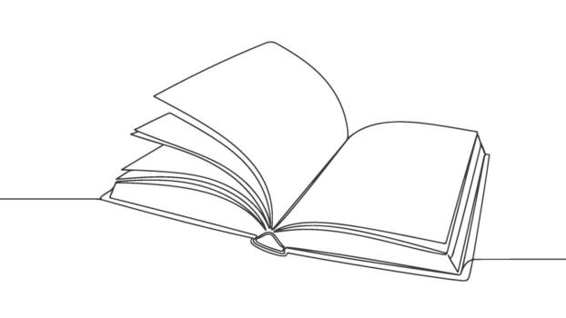 Continuous one line art of an open book with turning pages for education and learning b vector