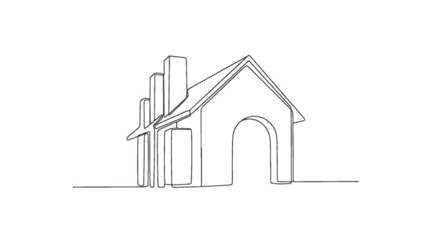 One Line Art of a House Architectural Concept, Continuous Line Drawing of Home Structure with Chimneys vector