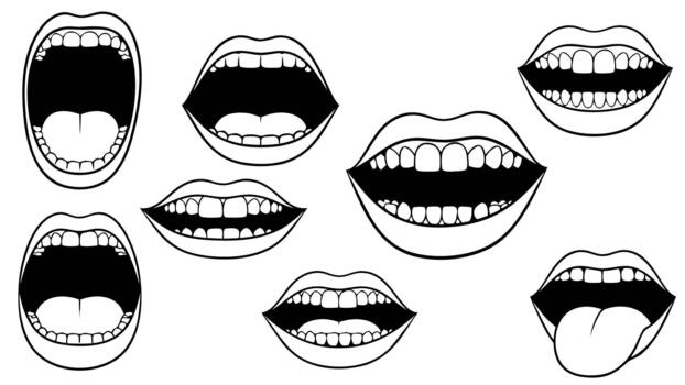 Black and white outlines of various open mouths with different expressions and teeth visible vector
