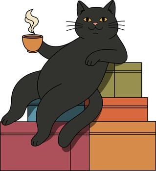 Relaxing Black Cat Enjoying a Hot Beverage on a Stack of Boxes vector