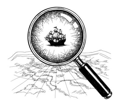 Sailing Ship Under Magnifying Glass on Map vector