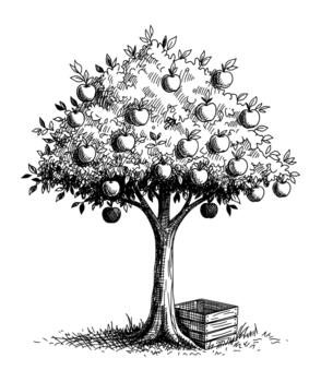 Fruit-Laden Apple Tree with Harvest Crate in a Natural Setting vector