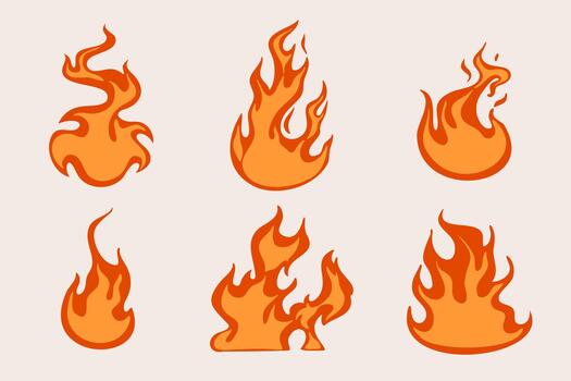 Set of stylized fire flames in various shapes and size. Cartoon style orange flame with dynamic motion. vector