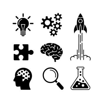 icons represent creativity and innovation. Images include a light bulb, gears, rocket, brain, and magnifying glass. vector