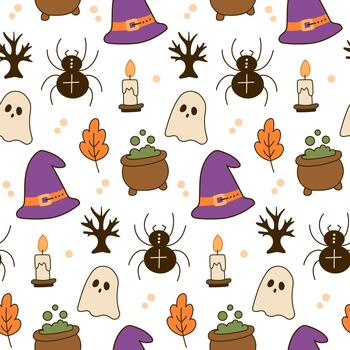 Víspera de Todos los Santos sin costura modelo con fantasma, araña, poción y árbol. vector