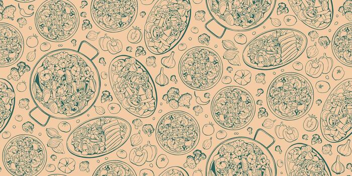 Vegetarian meal for vegetable salad seamless pattern. Food menu design background in retro style vector