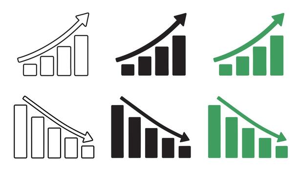 conjunto de seis bar cartas con hacia arriba y hacia abajo tendencias en varios estilos y colores en blanco antecedentes. datos visualización, negocio analítica, crecimiento análisis, gráfico diseño. silueta, contorno vector