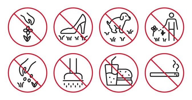 Black and red line lawn icon set with crossed out circles. Prohibitory round signs for parks and gardens. Linear prohibitive symbols. Outline pictogram bundle, editable stroke vector