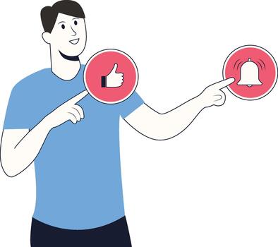 Character of a Man Like and Subscribe in Hand Drawn Design. vector