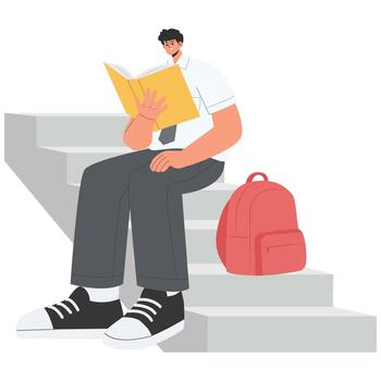 Student reading book on stairs vector