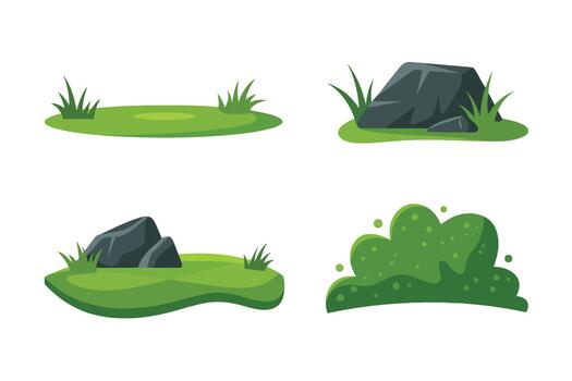 Four cartoon style green grass patches with rocks and bush elements stone nature vector