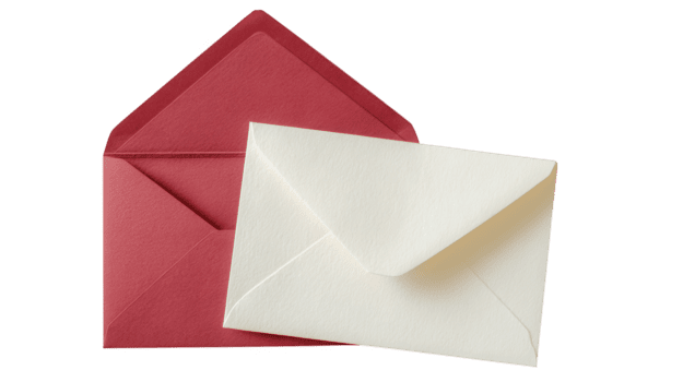 Open red paper envelope with a cream colored lining holding a white textured mail background a transparent png