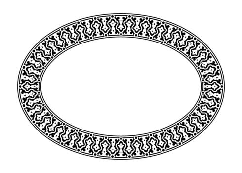 Black and white oval frame with an intricate, repeating ornamental pattern. The elegant, symmetrical design features stylized floral and geometric motifs, suitable for textile, embroidery, porcelain vector