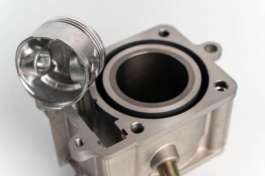 Engine component featuring a detailed view of a piston and cylinder assembly, showcasing precision engineering and craftsmanship in automotive design and manufacturing processes photo
