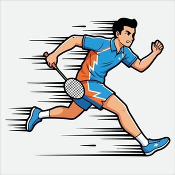 Dynamic cartoon athlete running with a badminton racket vector