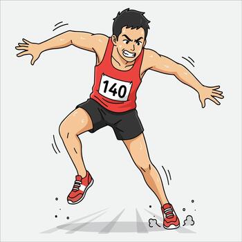 dinámica dibujos animados atleta en acción con carrera número y energético actitud vector