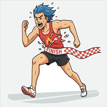 Animated runner crossing finish line with dynamic pose and energy vector