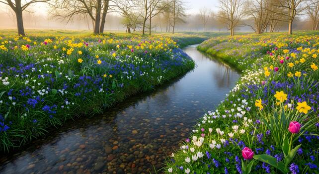 A tranquil spring landscape unfolds with a crystal-clear stream winding through a meadow bursting with a vibrant array of colorful wildflowers and budding trees under a serene sky photo
