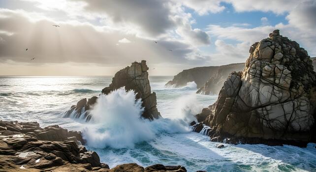 Powerful ocean waves dramatically crash against rugged granite cliffs under a dynamic sky with sun rays breaking through, creating a breathtaking coastal landscape photo