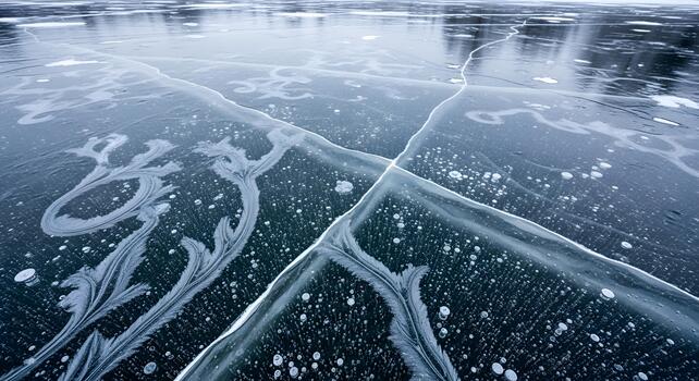 Captivating close-up of a frozen lake surface with intricate natural patterns, delicate cracks, and countless trapped air bubbles. A mesmerizing abstract winter landscape photo