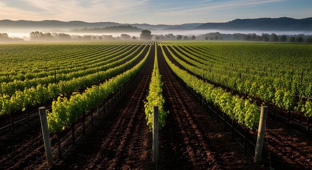 Expansive vineyard at dawn, where long rows of vibrant green grapevines stretch towards distant, mist-covered hills under a soft, tranquil morning sky photo