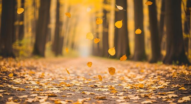 Golden autumn path covered in fallen leaves with trees lining the way, creating a beautiful natural scene photo