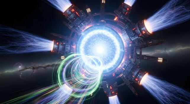 Vortex of cosmic energy emanating from a futuristic space engine, creating a mesmerizing gateway through the galaxy with vibrant light trails photo