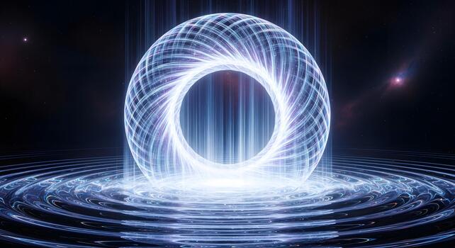 Abstract Digital Illustration of a Glowing Torus Floating Above a Rippling Surface in Outer Space photo