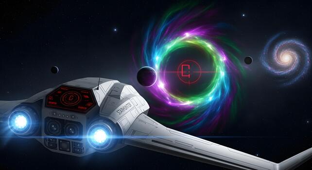 An interstellar spaceship embarks on a mission, navigating towards a swirling multi-colored nebula anomaly in a distant star system photo