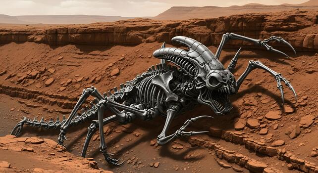 Ancient skeletal remains of a formidable extraterrestrial creature discovered on a desolate red planet, hinting at prehistoric life in a vast cosmic wilderness photo