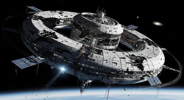 An immense, weathered toroidal space station with solar arrays orbiting high above a planet's atmosphere in the cosmos photo