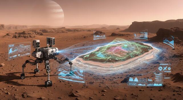 Mars Exploration Robotic Rover Analyzing Terrain with Futuristic Data Overlays photo