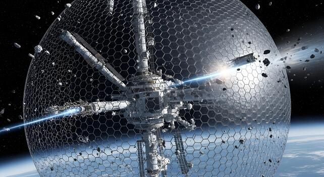 Advanced orbital station protected by a powerful hexagonal energy shield, deflecting incoming asteroids and space debris above a planet photo