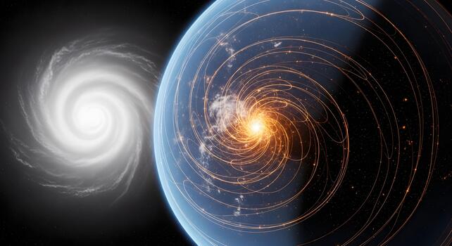 A planetary-scale hurricane with glowing energy lines viewed from deep space, depicting climate change and weather patterns photo