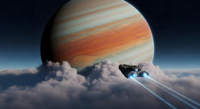 A spaceship soaring towards Jupiter, passing through a cloudscape, a scene from outer space photo